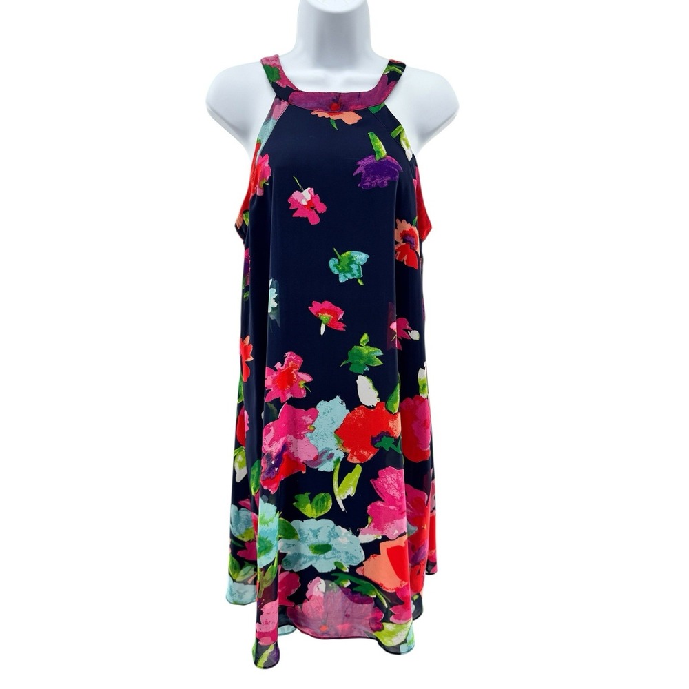 Betsey Johnson Floral Dress Size 8 Sleeveless Navy A-Line High Neck Summer